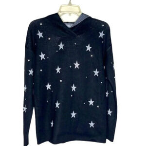 Marled hooded black pullover sweater silver‎ metallic stars rhinestones cute